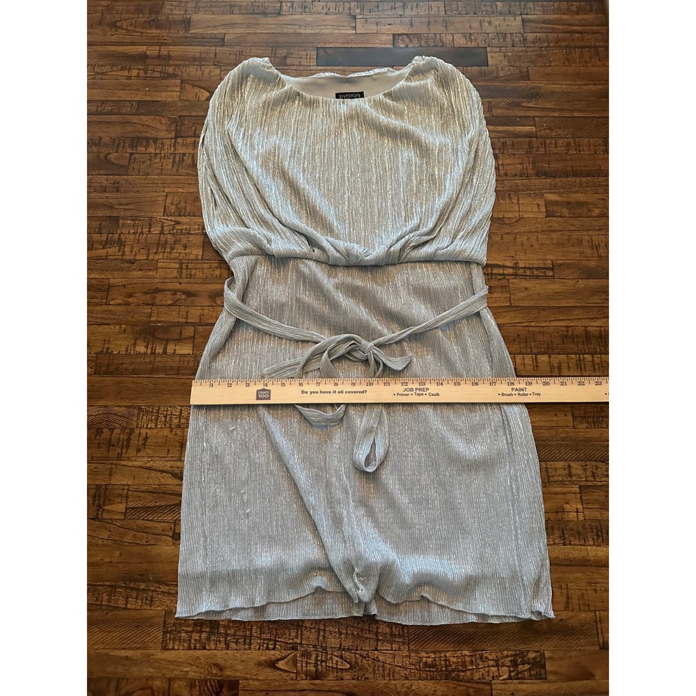 En Focus Petite Silver Metallic Plisse‎ Belted Party Cocktail Dress Size 14P - Picture 3 of 7